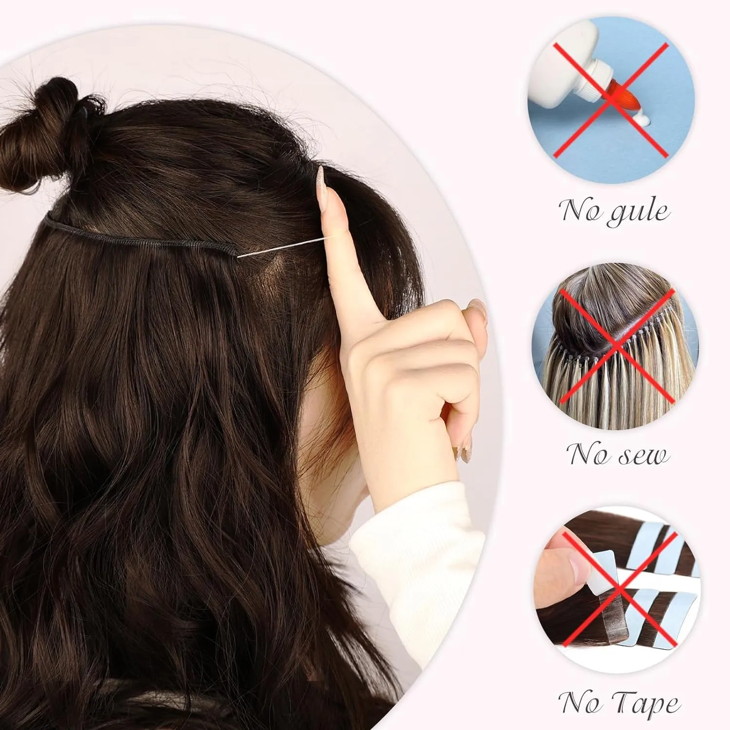 MORICA Invisible Wire Hair Extensions - 14 Inch Dark Brown Long Wavy Synthetic Hairpiece with Transparent Wire Adjustable Size, 4 Secure Clips for Women(Dark Brown,14Inch)