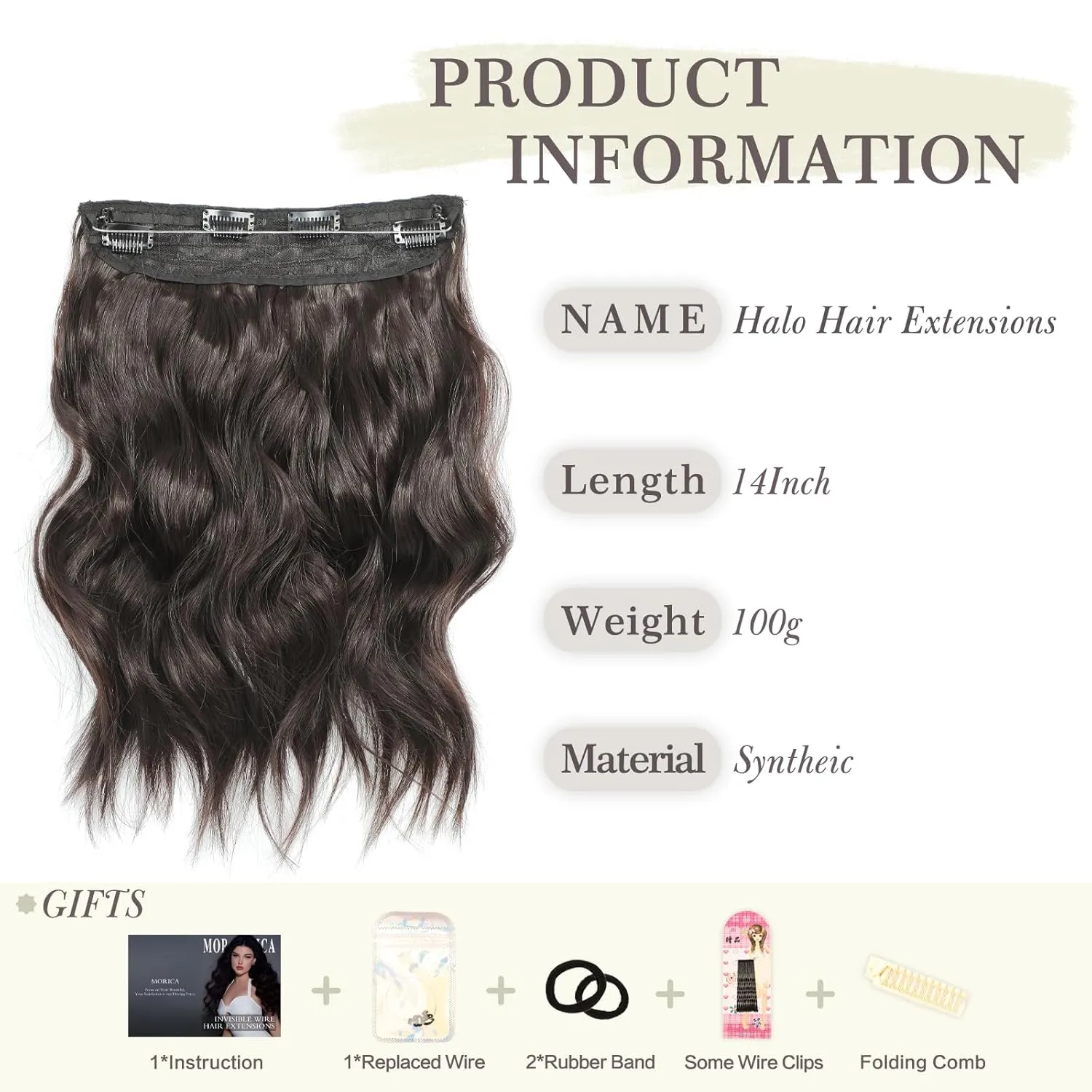 MORICA Invisible Wire Hair Extensions - 14 Inch Dark Brown Long Wavy Synthetic Hairpiece with Transparent Wire Adjustable Size, 4 Secure Clips for Women(Dark Brown,14Inch)