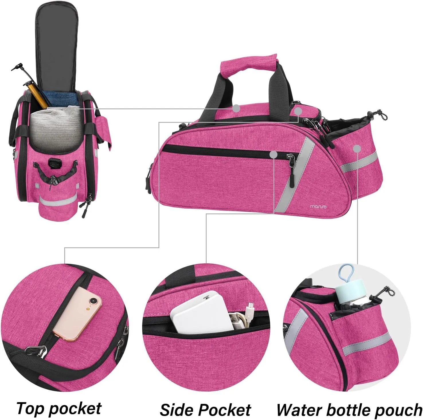 MOSISO Bike Rack Bag, Waterproof Bicycle Trunk Pannier Rear Seat Handbag Cycling Bike Carrier Reflective Backseat Cargo Storage Luggage Saddle Shoulder Bag with Water Bottle Holder&Handle