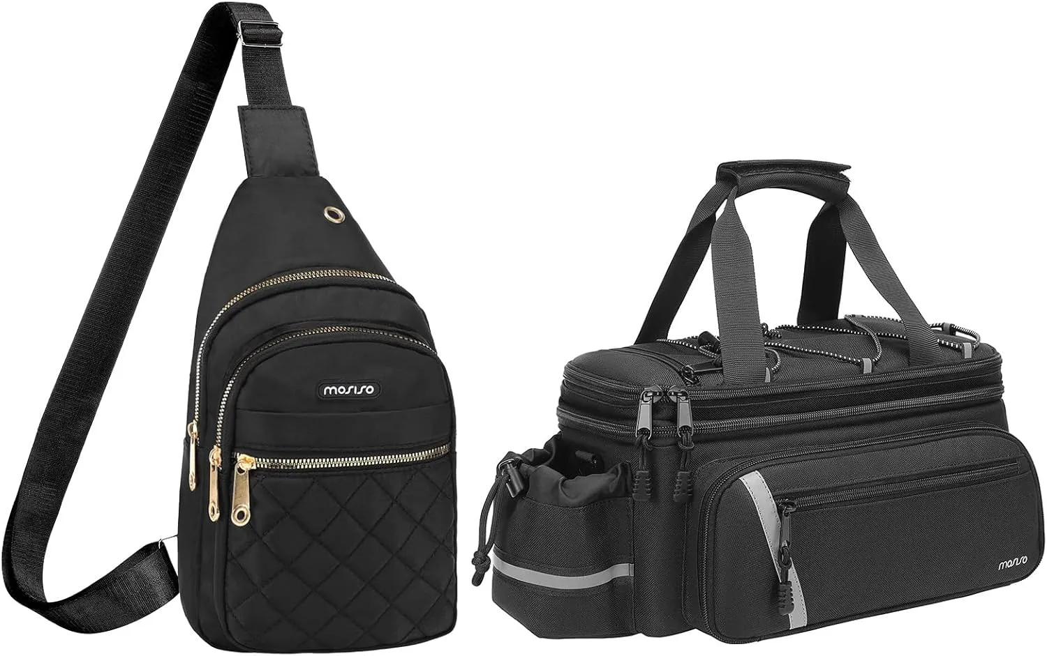 MOSISO Rhombus Quilted Small Sling Backpack Sling Bag with Front Horizontal Pocket&Bike Rack Bag with Rain Cover, Bike Trunk Cooler Insulated Rear Seat Pouch with 2 Side Foldable Panniers, Black