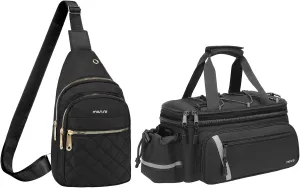 MOSISO Rhombus Quilted Small Sling Backpack Sling Bag with Front Horizontal Pocket&Bike Rack Bag with Rain Cover, Bike Trunk Cooler Insulated Rear Seat Pouch with 2 Side Foldable Panniers, Black
