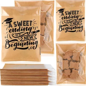 MotiMind 100 Pcs Clear Graduation Cookie Bags Front Paper Self-Adhesive Gift Bags Sweet Endings to New Beginnings Kraft Paper Treat Candy Container for Graduation Party Supplies
