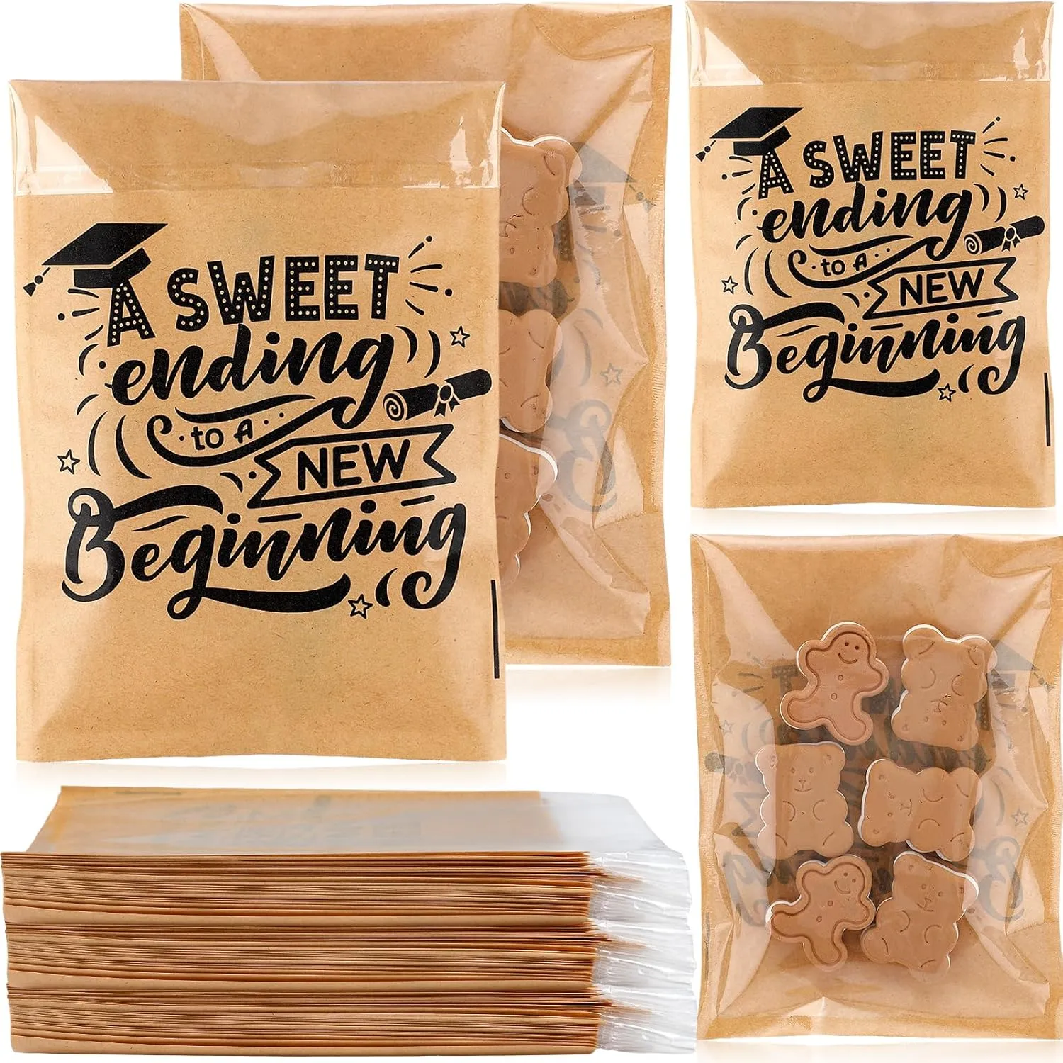 MotiMind 100 Pcs Clear Graduation Cookie Bags Front Paper Self-Adhesive Gift Bags Sweet Endings to New Beginnings Kraft Paper Treat Candy Container for Graduation Party Supplies