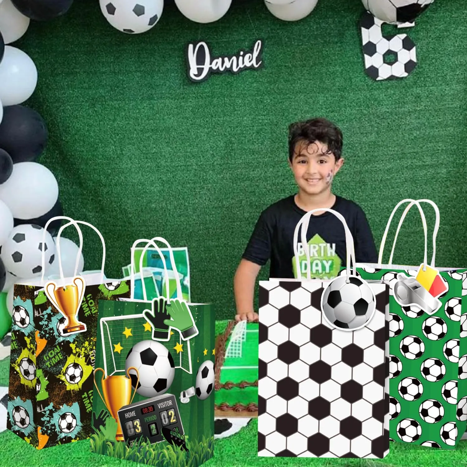 Mpanwen Soccer Goodie Bags, 16 Pcs Soccer Ball Themed Party Favor Candy Treat Gifts Bags With Handle for Birthday Baby Shower Holiday Party Decorations