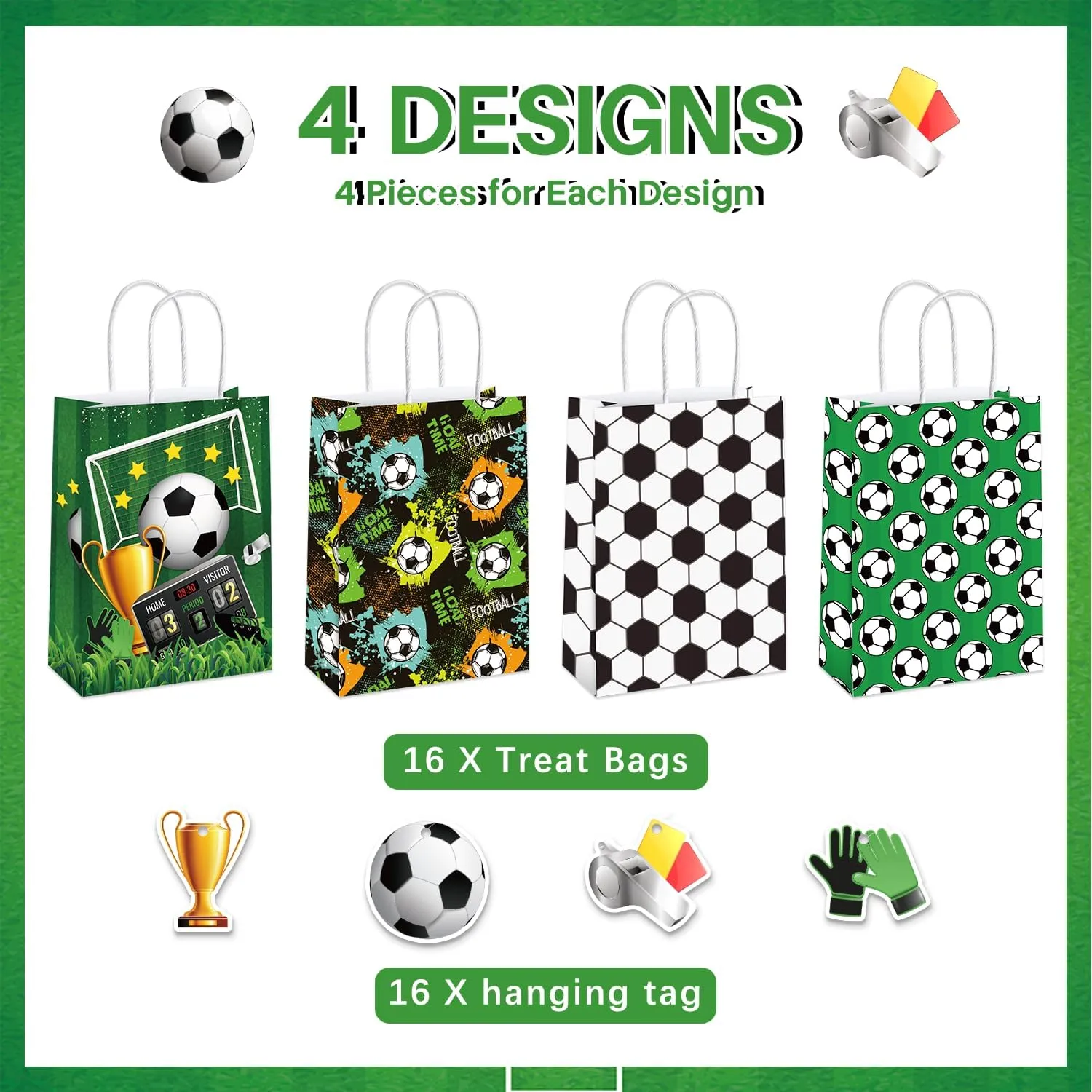 Mpanwen Soccer Goodie Bags, 16 Pcs Soccer Ball Themed Party Favor Candy Treat Gifts Bags With Handle for Birthday Baby Shower Holiday Party Decorations