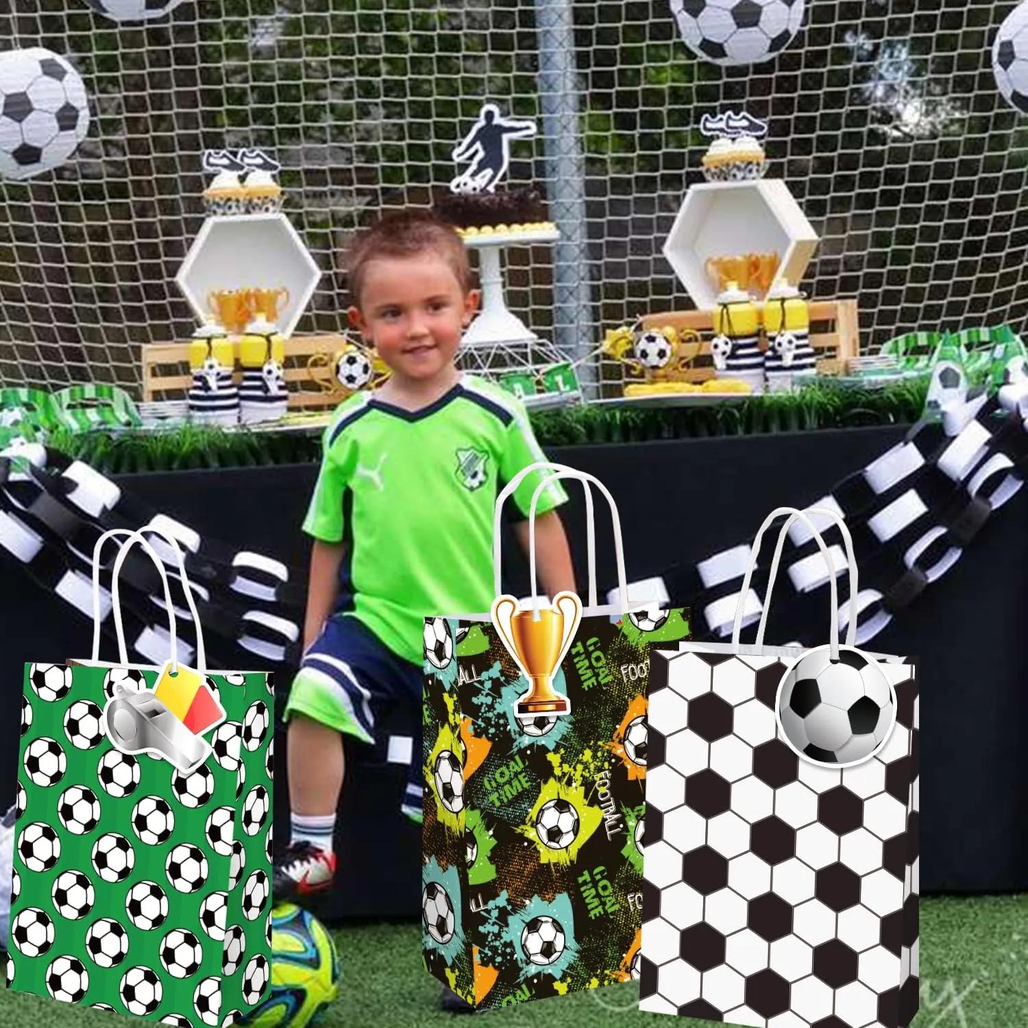 Mpanwen Soccer Goodie Bags, 16 Pcs Soccer Ball Themed Party Favor Candy Treat Gifts Bags With Handle for Birthday Baby Shower Holiday Party Decorations