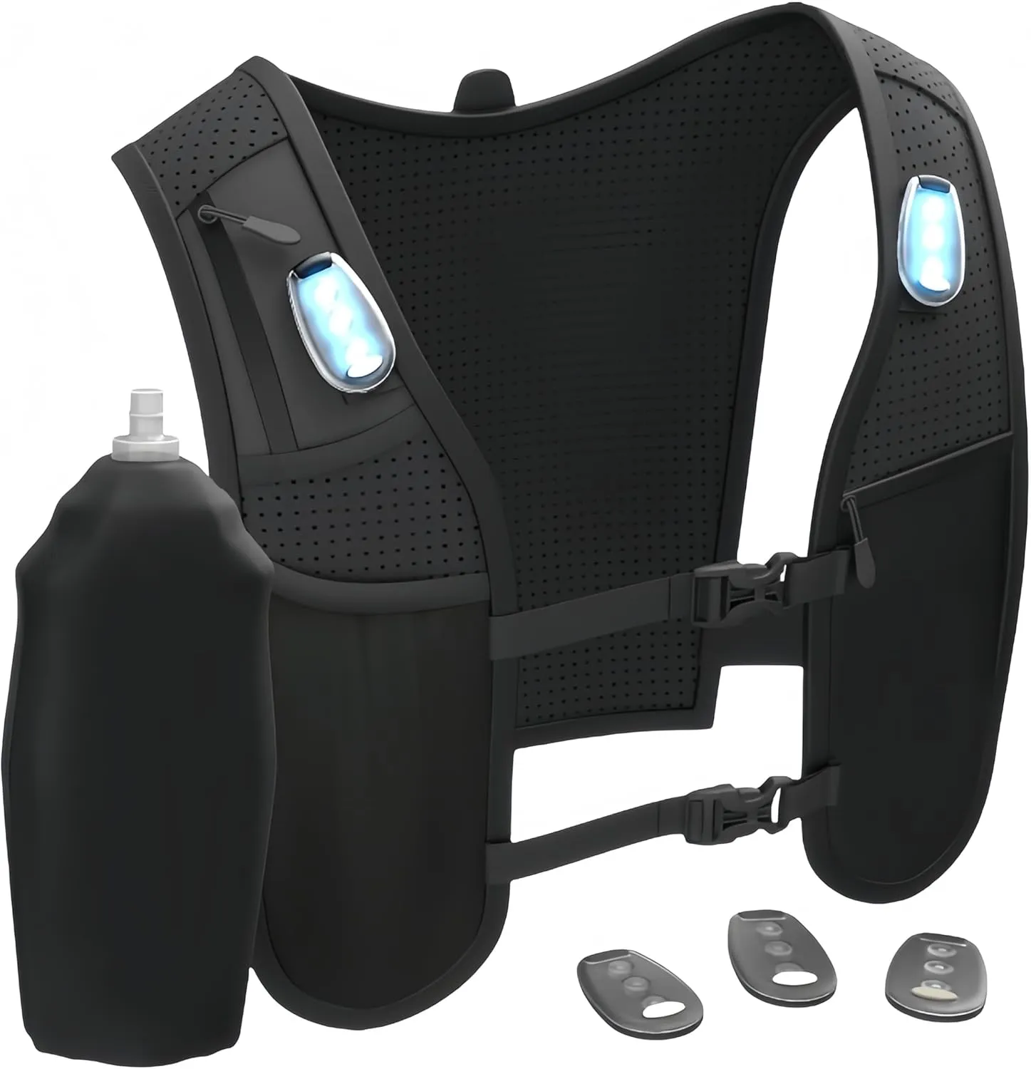 Multi-Functional Running Vest Pack Hydration Reflective LED Lights Adjustable Straps Hands-Free Pockets for Men Women Running Cycling Hiking Fitness
