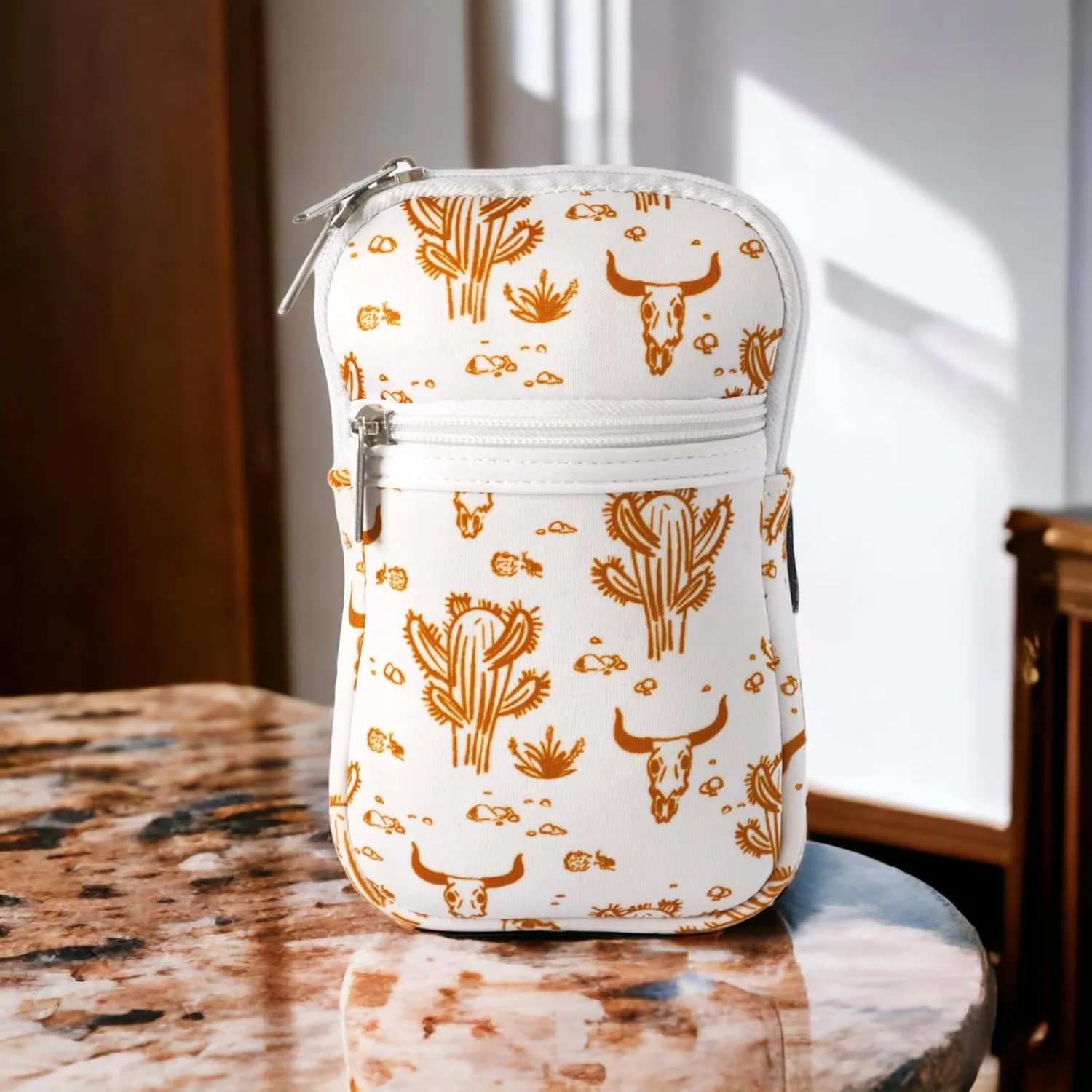 Multi Purpose Pouch for Tumblers, Wild West/Catus Print, Compatible with Stanley, 18-50 oz, Fits Large Phone, Elastic Stretch Velcro Zippered Purse, (Wild West Dessert)