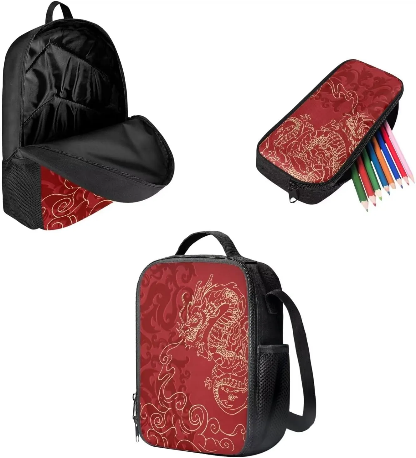 Mumeson Asia Dragon Kids Backpack Set 3 Pack Set Large Capacity School Bag and Lightweight Lunch Bags Portable Pencil Case Back to School Supplies