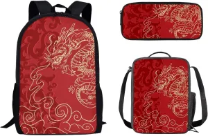 Mumeson Asia Dragon Kids Backpack Set 3 Pack Set Large Capacity School Bag and Lightweight Lunch Bags Portable Pencil Case Back to School Supplies