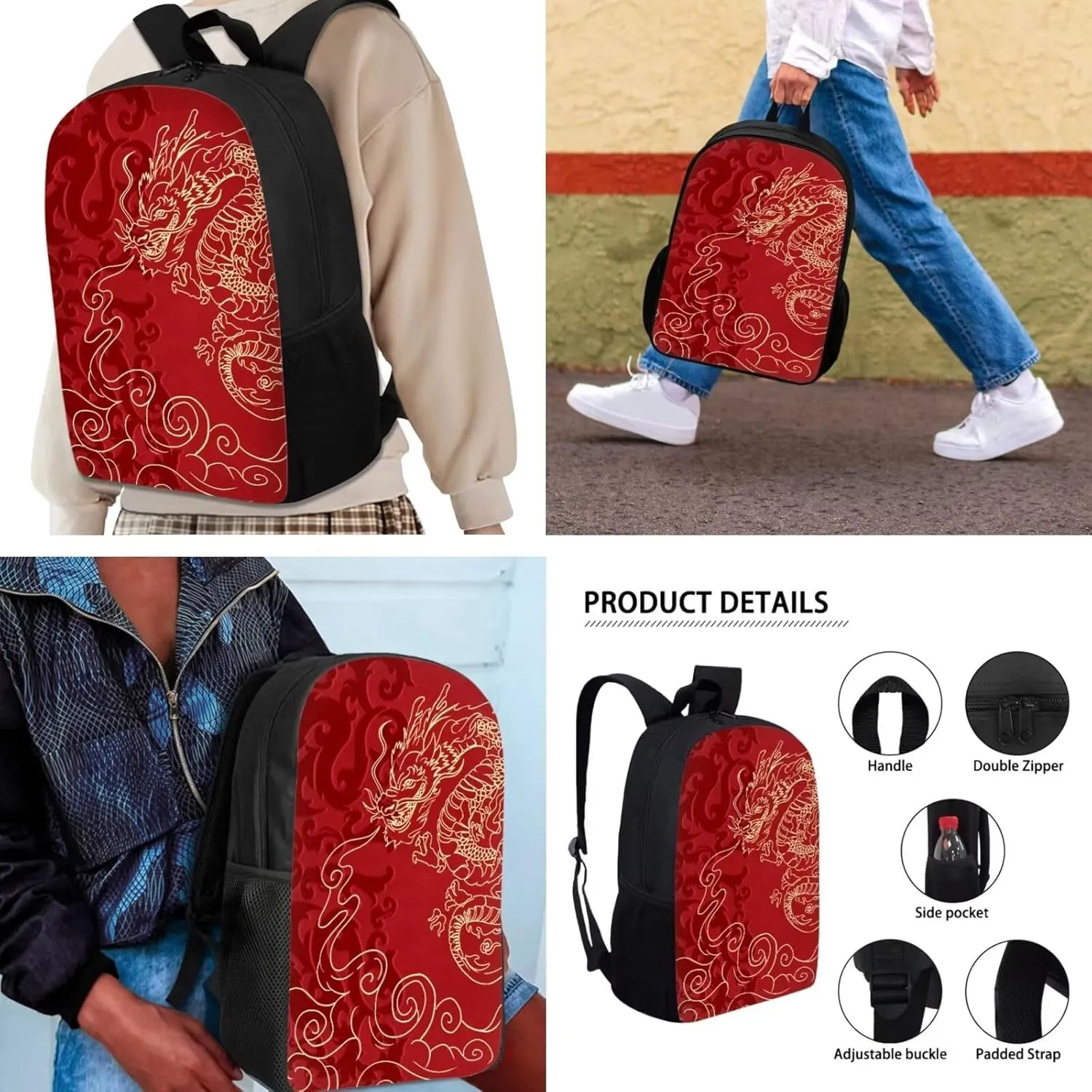 Mumeson Asia Dragon Kids Backpack Set 3 Pack Set Large Capacity School Bag and Lightweight Lunch Bags Portable Pencil Case Back to School Supplies