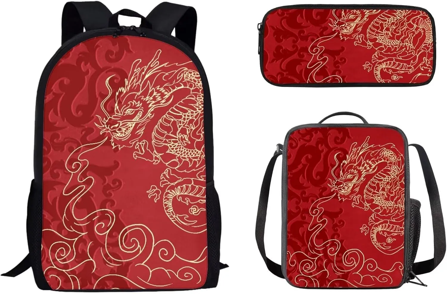 Mumeson Asia Dragon Kids Backpack Set 3 Pack Set Large Capacity School Bag and Lightweight Lunch Bags Portable Pencil Case Back to School Supplies