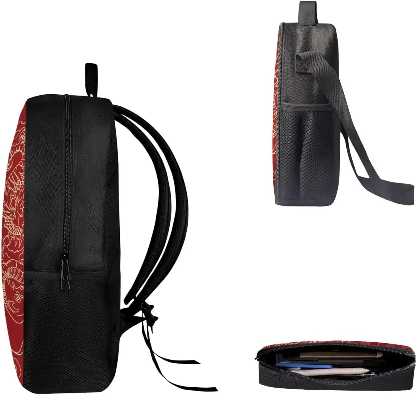 Mumeson Asia Dragon Kids Backpack Set 3 Pack Set Large Capacity School Bag and Lightweight Lunch Bags Portable Pencil Case Back to School Supplies