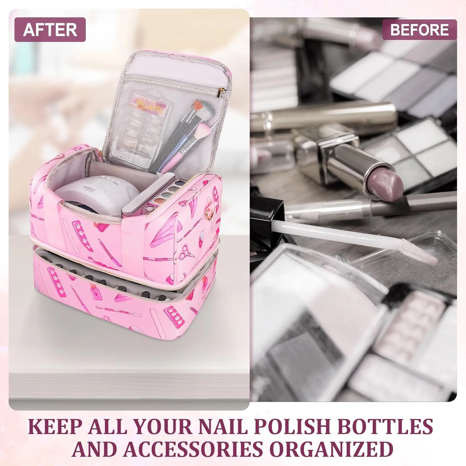 Nail Polish Organizer Case - Large Double Layer Organizers and Storage Bag for Nail Supplies and Art Tech