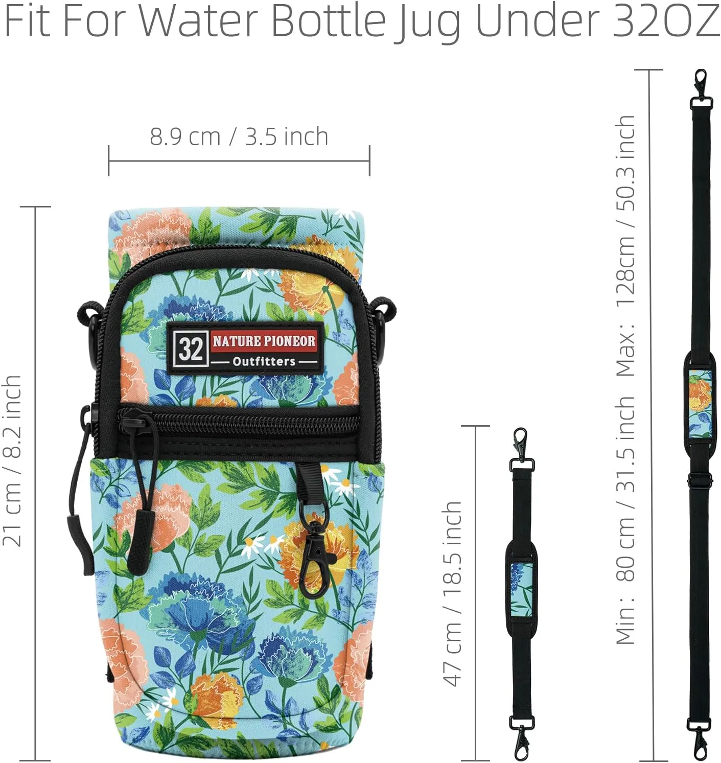 NATURE PIONEOR Water Bottle Holder with Strap,Water Bottle Carrier Bag Sling Sleeve with Adjustable Shoulder Strap & Handle and Large Phone Pocket for Walking,Hiking,Travelling for 25oz/32oz/40oz/64oz