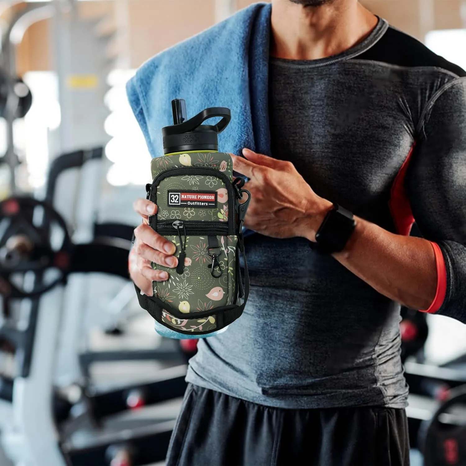 NATURE PIONEOR Water Bottle Holder with Strap,Water Bottle Carrier Bag Sling Sleeve with Adjustable Shoulder Strap & Handle and Large Phone Pocket for Walking,Hiking,Travelling for 25oz/32oz/40oz/64oz