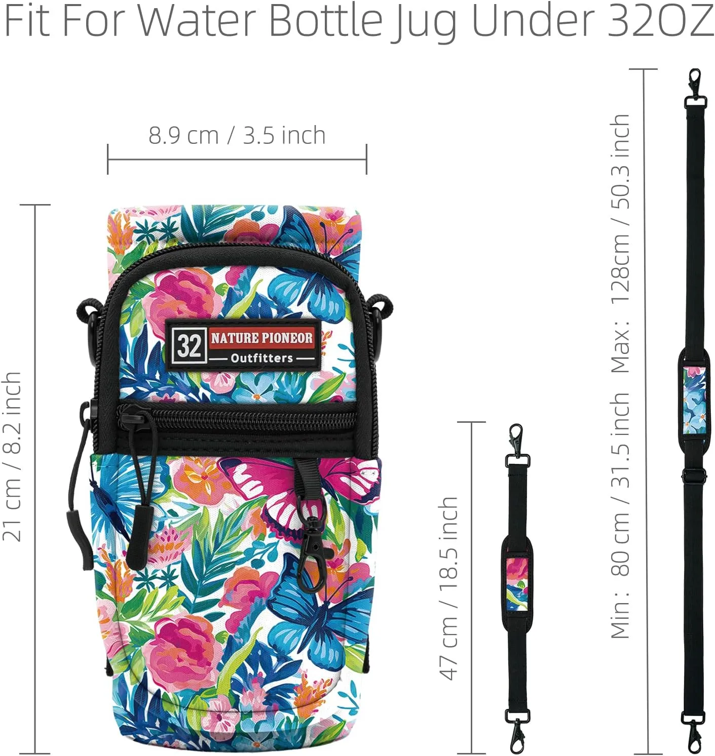 NATURE PIONEOR Water Bottle Holder with Strap,Water Bottle Carrier Bag Sling Sleeve with Adjustable Shoulder Strap & Handle and Large Phone Pocket for Walking,Hiking,Travelling for 25oz/32oz/40oz/64oz
