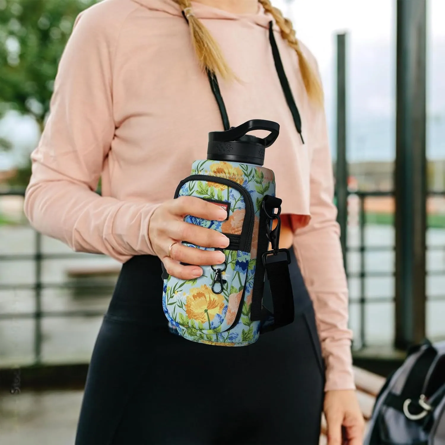 NATURE PIONEOR Water Bottle Holder with Strap,Water Bottle Carrier Bag Sling Sleeve with Adjustable Shoulder Strap & Handle and Large Phone Pocket for Walking,Hiking,Travelling for 25oz/32oz/40oz/64oz