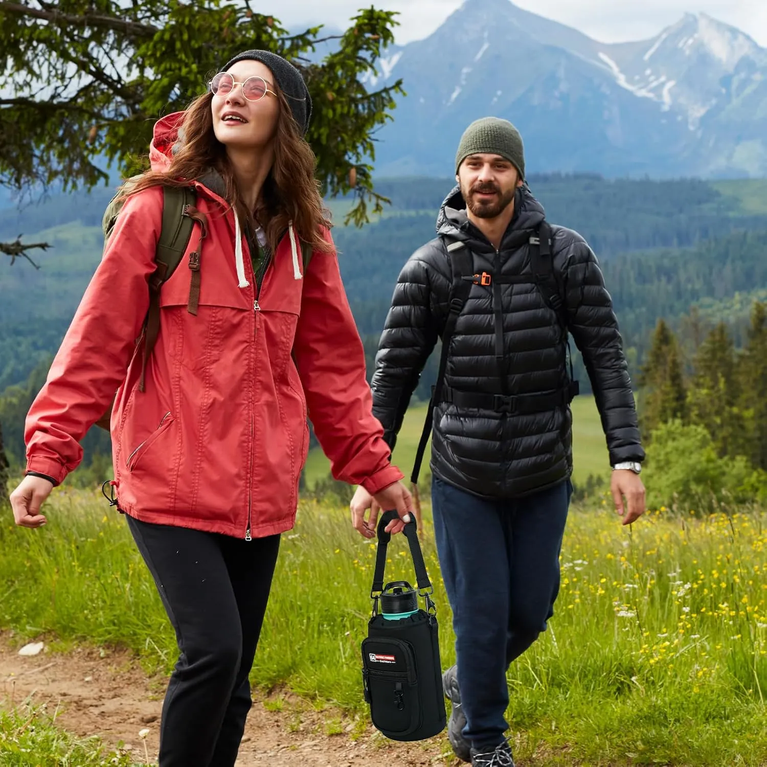 NATURE PIONEOR Water Bottle Holder with Strap,Water Bottle Carrier Bag Sling Sleeve with Adjustable Shoulder Strap & Handle and Large Phone Pocket for Walking,Hiking,Travelling for 25oz/32oz/40oz/64oz