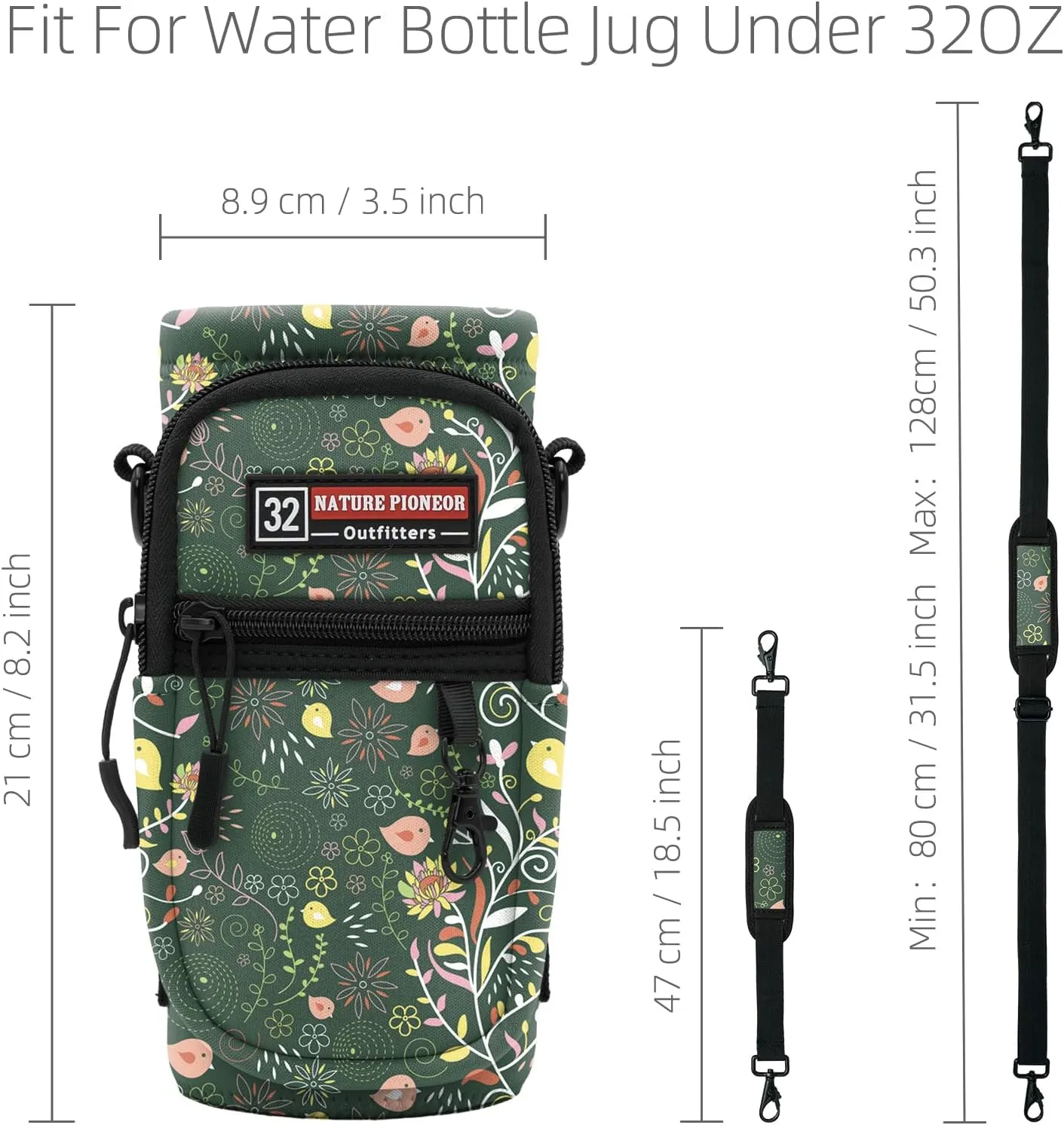 NATURE PIONEOR Water Bottle Holder with Strap,Water Bottle Carrier Bag Sling Sleeve with Adjustable Shoulder Strap & Handle and Large Phone Pocket for Walking,Hiking,Travelling for 25oz/32oz/40oz/64oz
