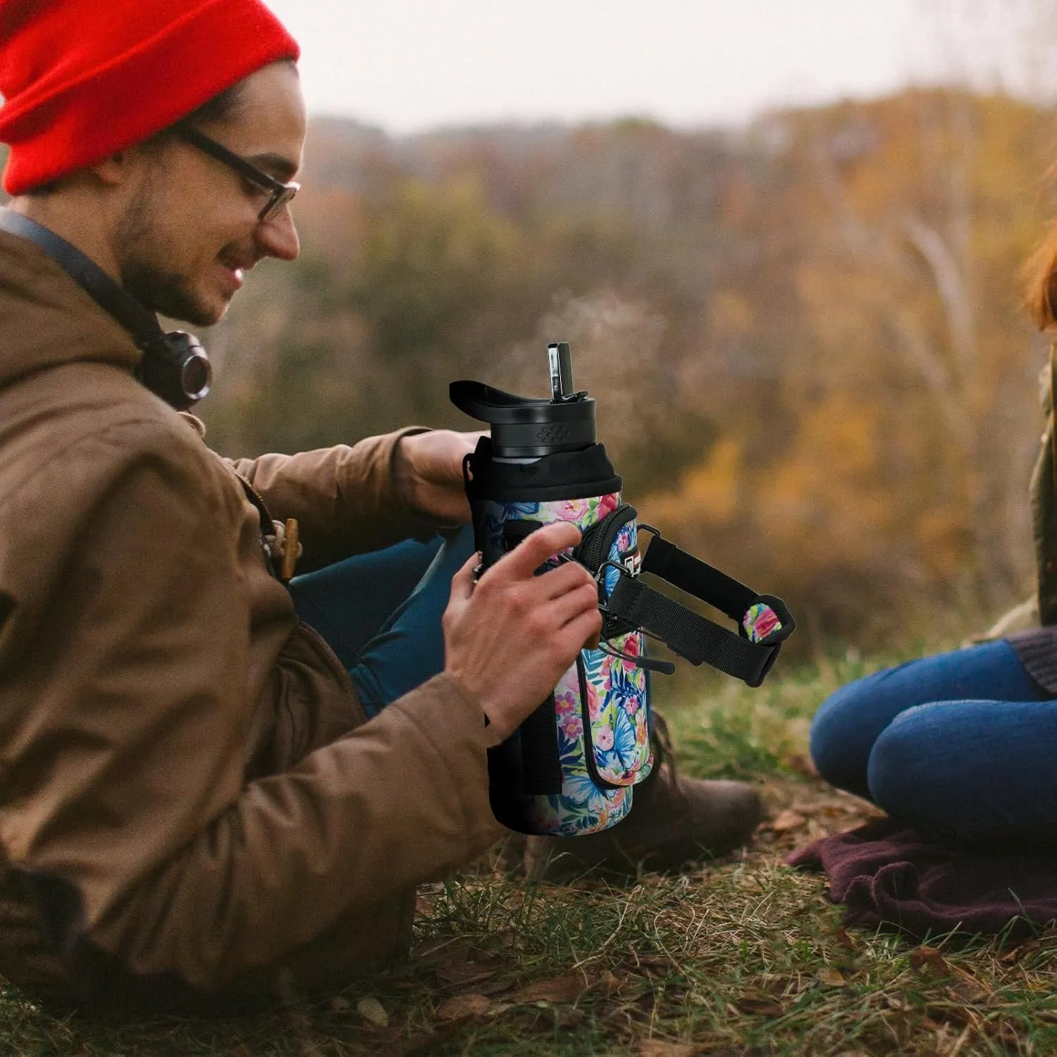 NATURE PIONEOR Water Bottle Holder with Strap,Water Bottle Carrier Bag Sling Sleeve with Adjustable Shoulder Strap & Handle and Large Phone Pocket for Walking,Hiking,Travelling for 25oz/32oz/40oz/64oz