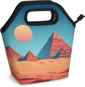 Neoprene Lunch Bags Sunset Pyramid Landscape Lunch Tote Bag with Zipper Insulated Lunchbox Handbag for Women Reusable Lunch Box Cooler Bag Waterproof Lunch Sack Bag for Work Picnic