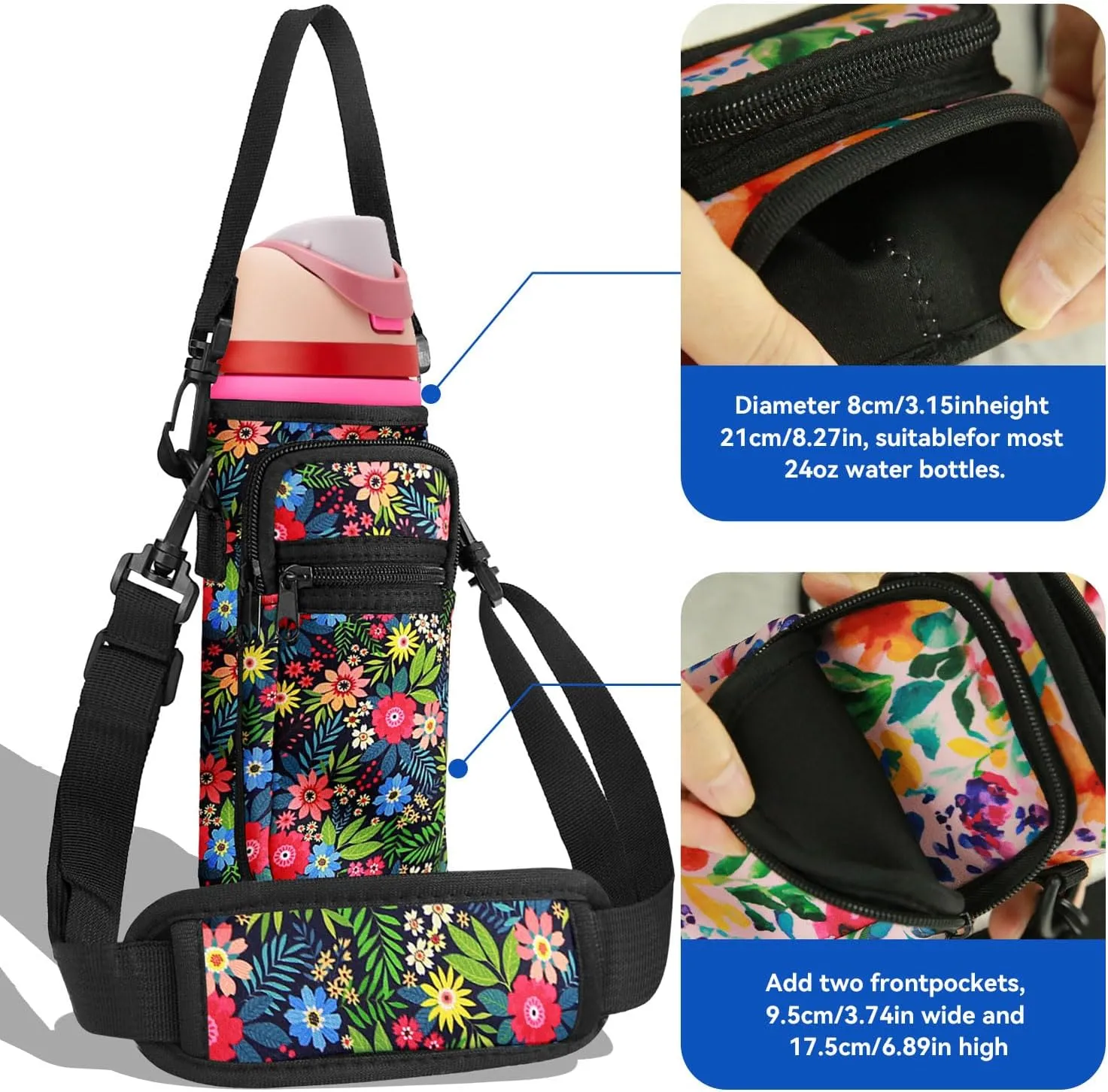 Neoprene Water Bottle Holder Bag with Cell Phone Pocket Compatible with Owala FreeSip 24 oz，Water Bottle Carrying Bag ，with Adjustable Shoulder Strap,for 24oz Stainless Steel Water Bottle
