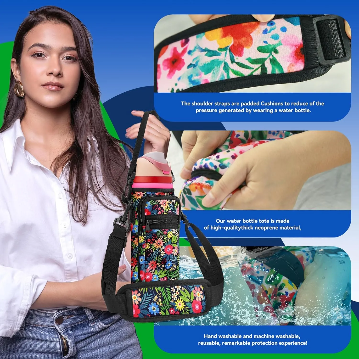 Neoprene Water Bottle Holder Bag with Cell Phone Pocket Compatible with Owala FreeSip 24 oz，Water Bottle Carrying Bag ，with Adjustable Shoulder Strap,for 24oz Stainless Steel Water Bottle