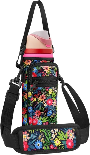 Neoprene Water Bottle Holder Bag with Cell Phone Pocket Compatible with Owala FreeSip 24 oz，Water Bottle Carrying Bag ，with Adjustable Shoulder Strap,for 24oz Stainless Steel Water Bottle