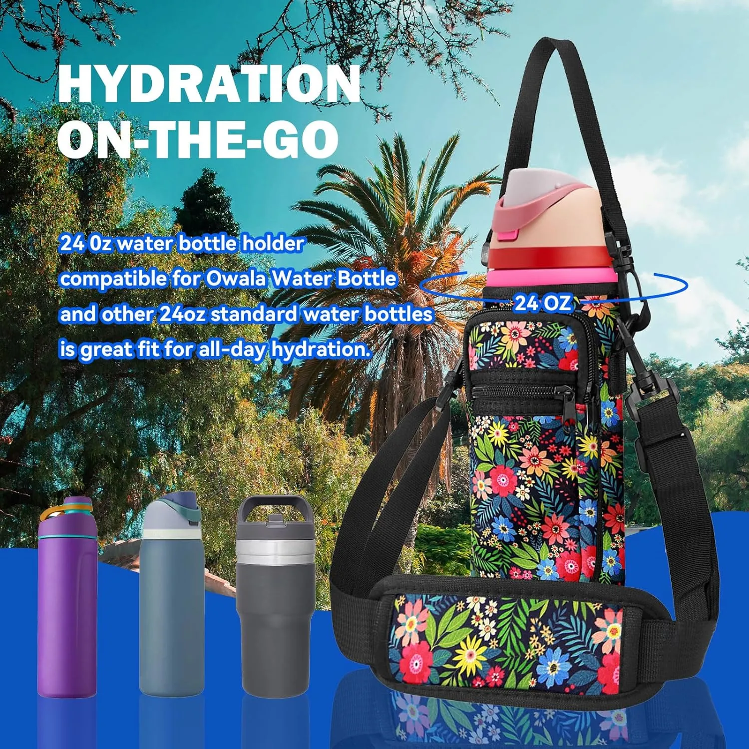 Neoprene Water Bottle Holder Bag with Cell Phone Pocket Compatible with Owala FreeSip 24 oz，Water Bottle Carrying Bag ，with Adjustable Shoulder Strap,for 24oz Stainless Steel Water Bottle