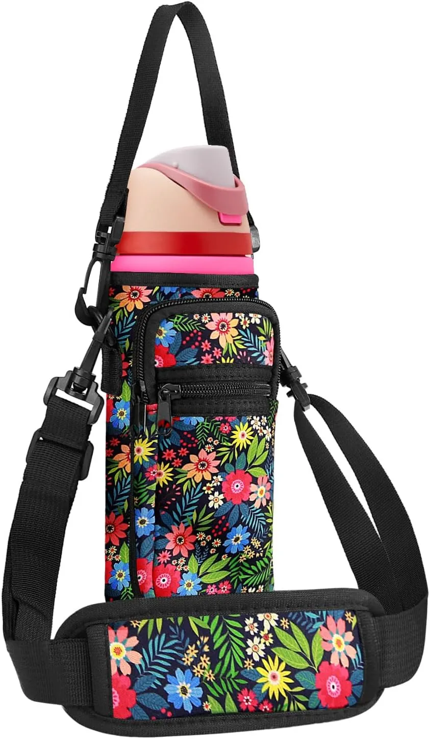 Neoprene Water Bottle Holder Bag with Cell Phone Pocket Compatible with Owala FreeSip 24 oz，Water Bottle Carrying Bag ，with Adjustable Shoulder Strap,for 24oz Stainless Steel Water Bottle