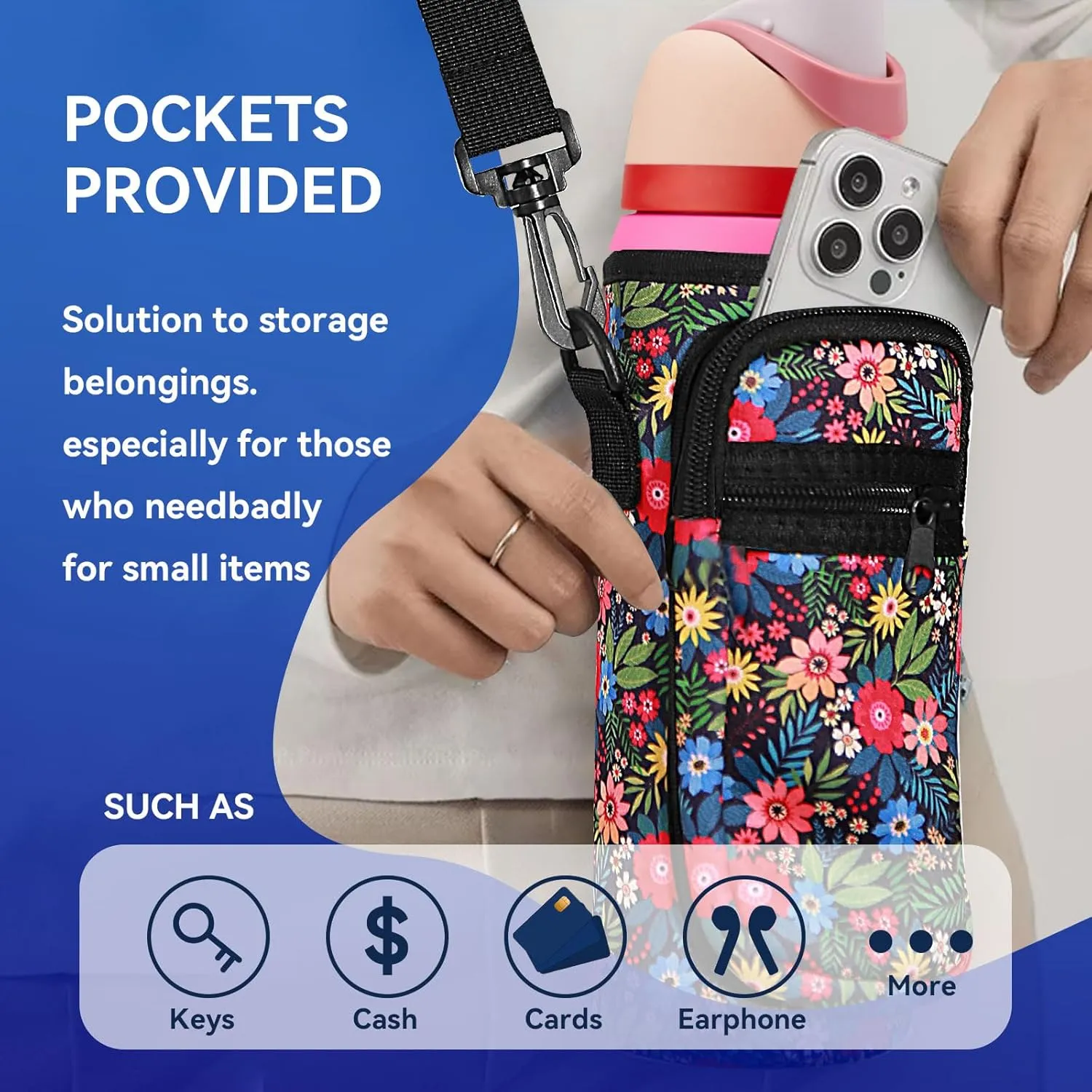 Neoprene Water Bottle Holder Bag with Cell Phone Pocket Compatible with Owala FreeSip 24 oz，Water Bottle Carrying Bag ，with Adjustable Shoulder Strap,for 24oz Stainless Steel Water Bottle