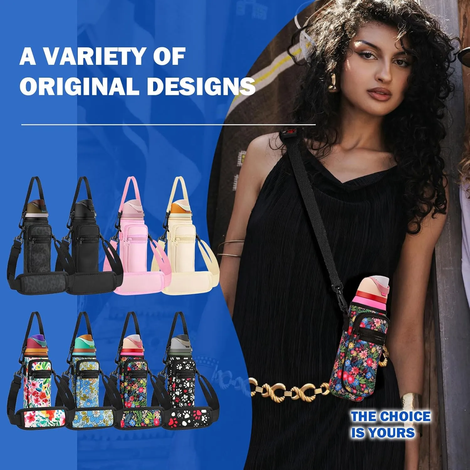 Neoprene Water Bottle Holder Bag with Cell Phone Pocket Compatible with Owala FreeSip 24 oz，Water Bottle Carrying Bag ，with Adjustable Shoulder Strap,for 24oz Stainless Steel Water Bottle
