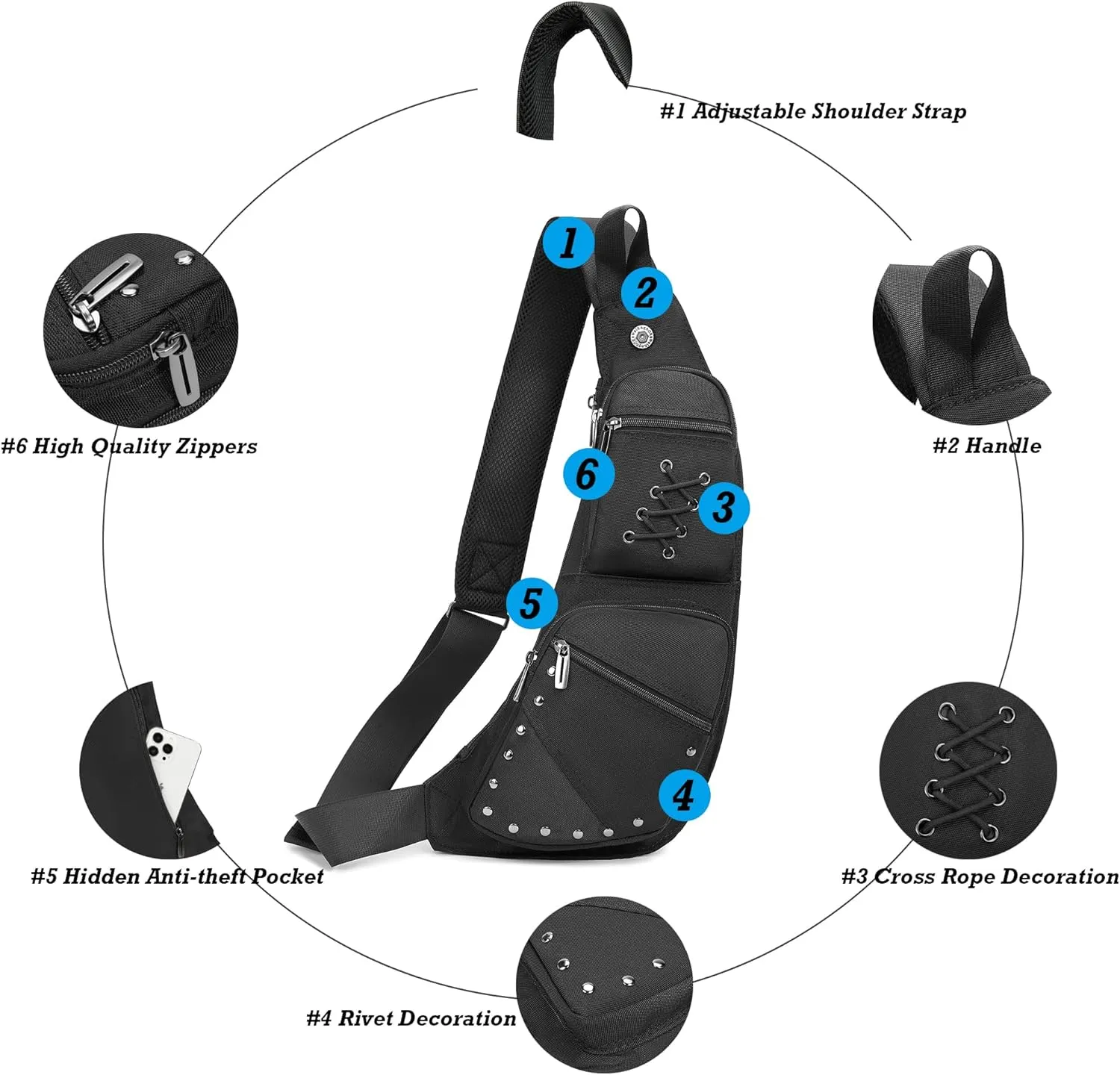 NICGID Sling Bag Chest Shoulder Backpack Crossbody Bags Casual Daypack for Men Women (Black-015)