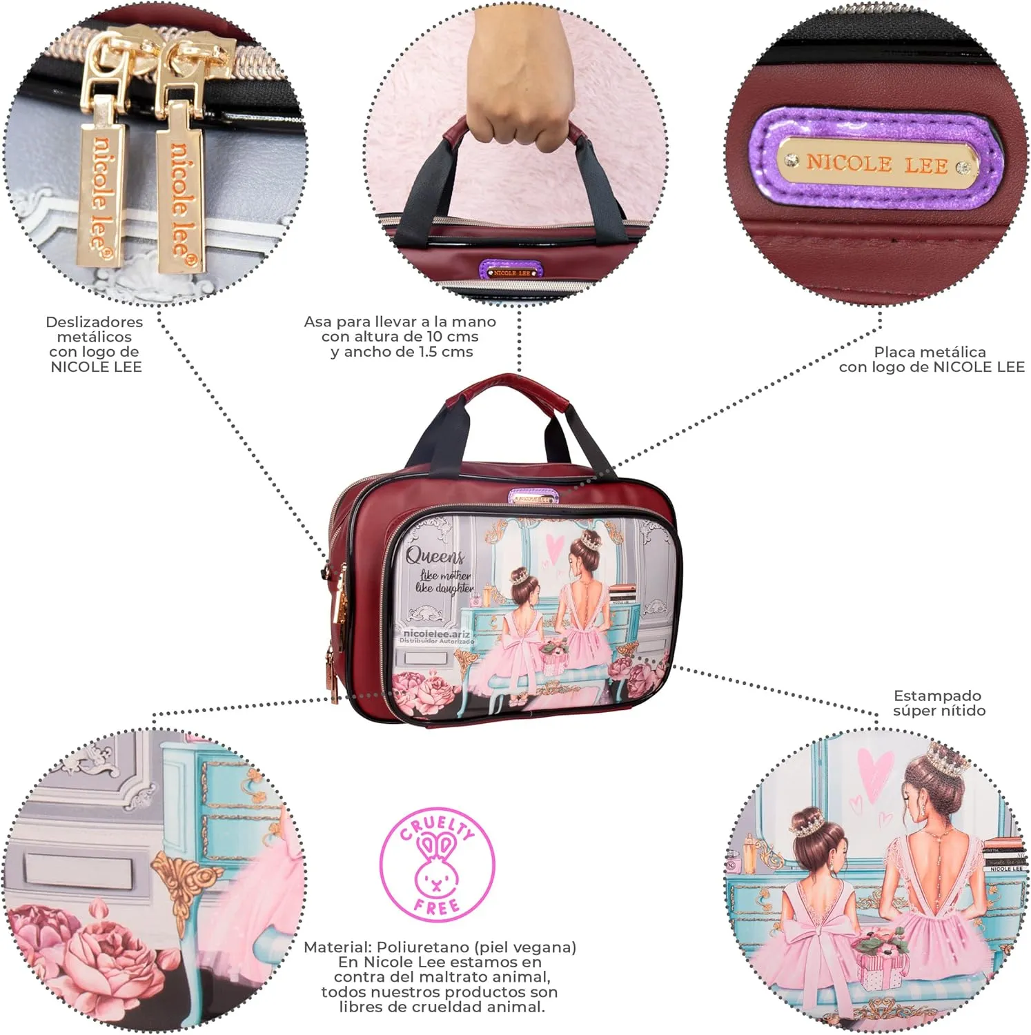 Nicole Lee Cosmetic Makeup Bag for Women - Multi Organization Toiletry Travel Bag with 5 Compartments (Double Queens)