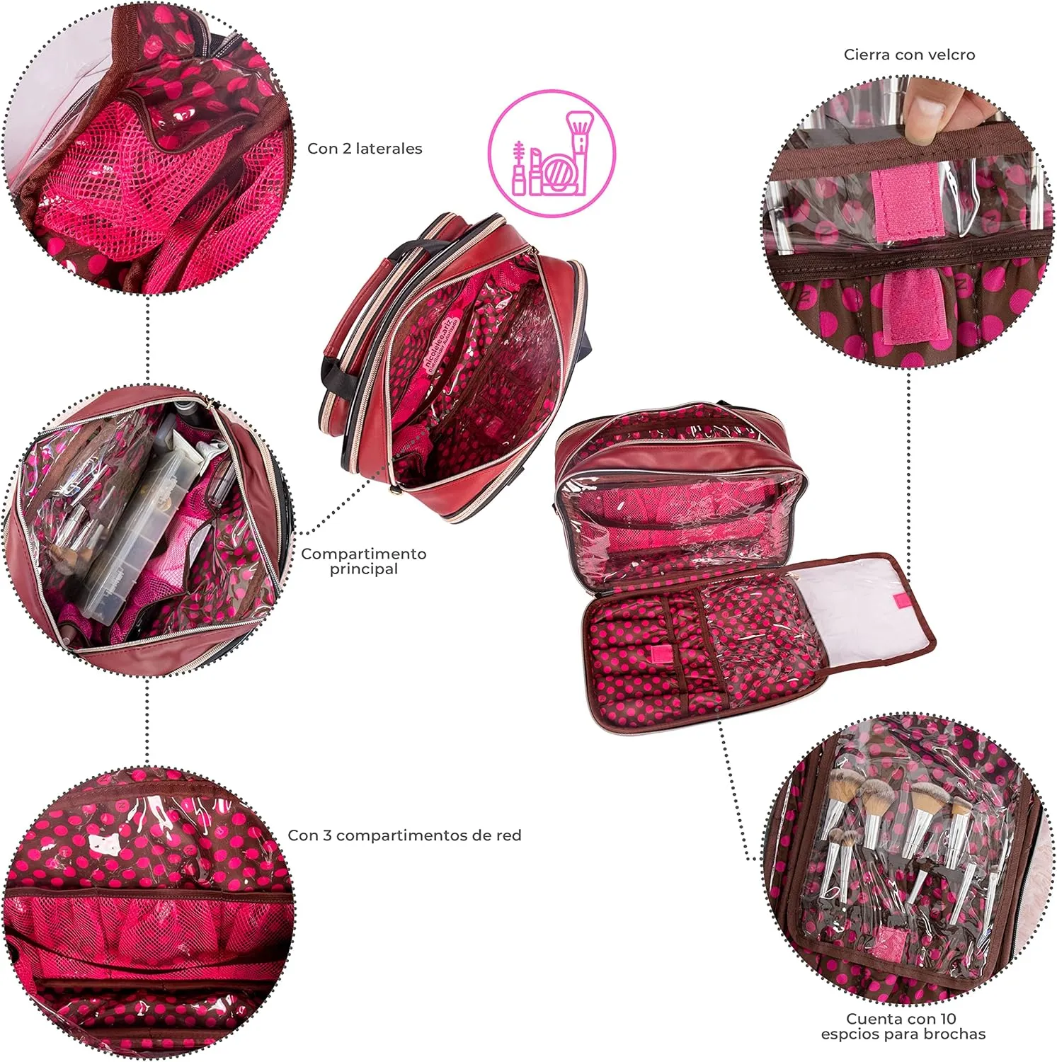 Nicole Lee Cosmetic Makeup Bag for Women - Multi Organization Toiletry Travel Bag with 5 Compartments (Double Queens)