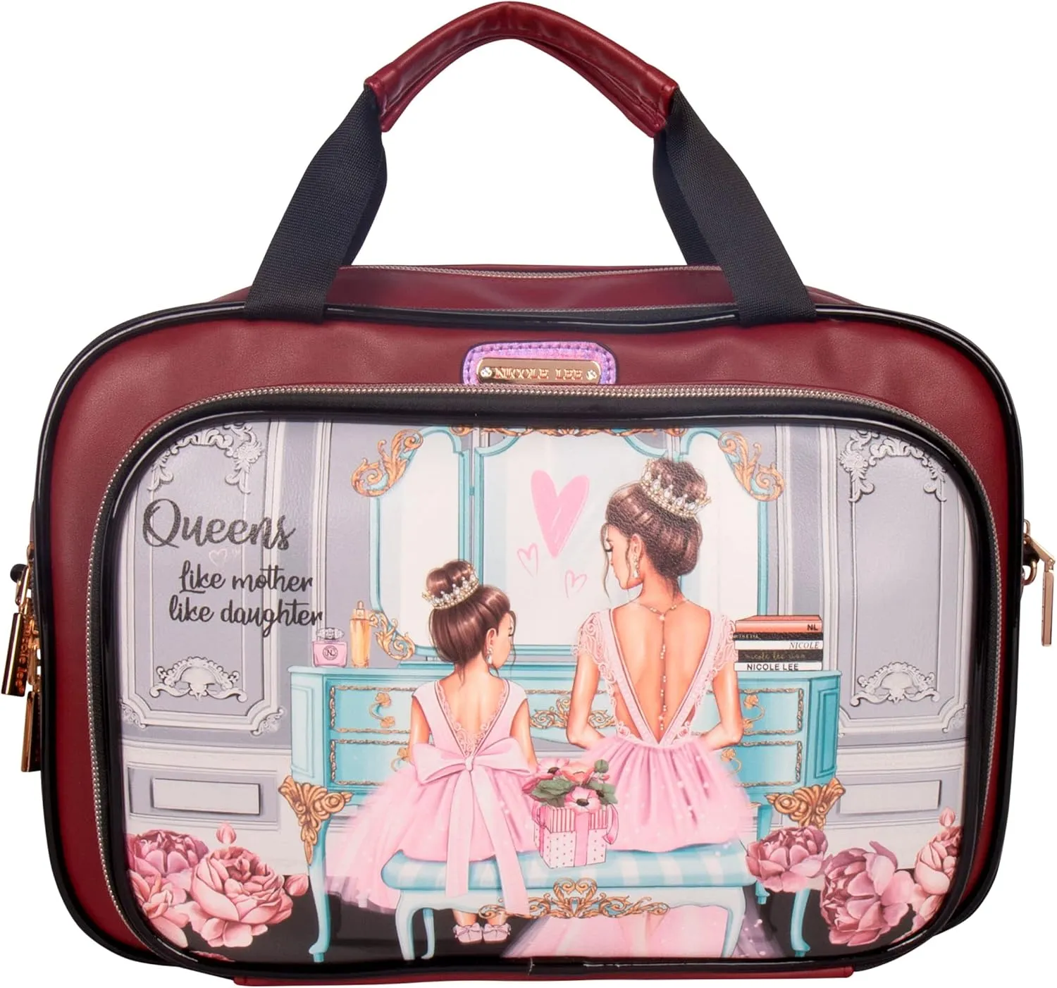 Nicole Lee Cosmetic Makeup Bag for Women - Multi Organization Toiletry Travel Bag with 5 Compartments (Double Queens)