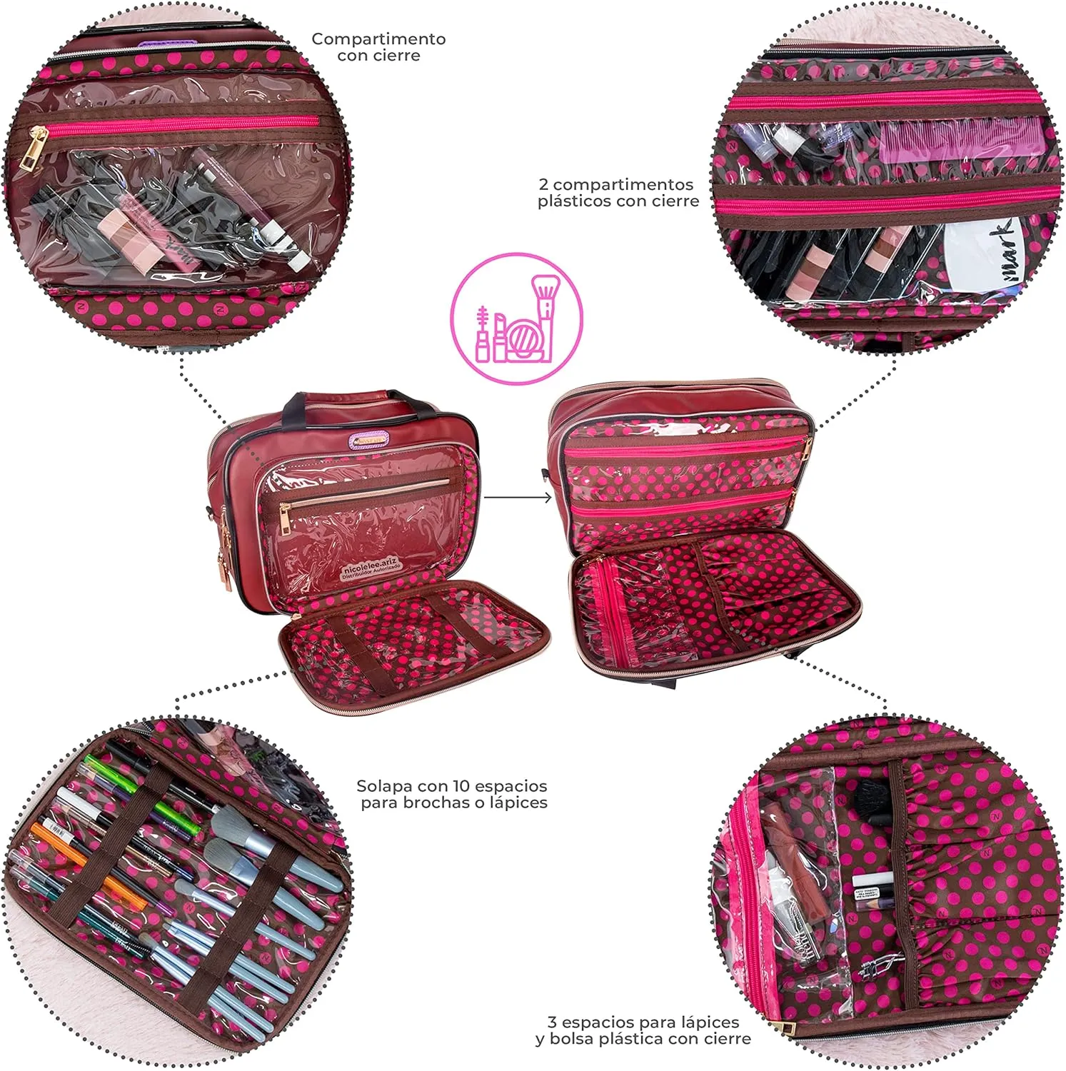 Nicole Lee Cosmetic Makeup Bag for Women - Multi Organization Toiletry Travel Bag with 5 Compartments (Double Queens)