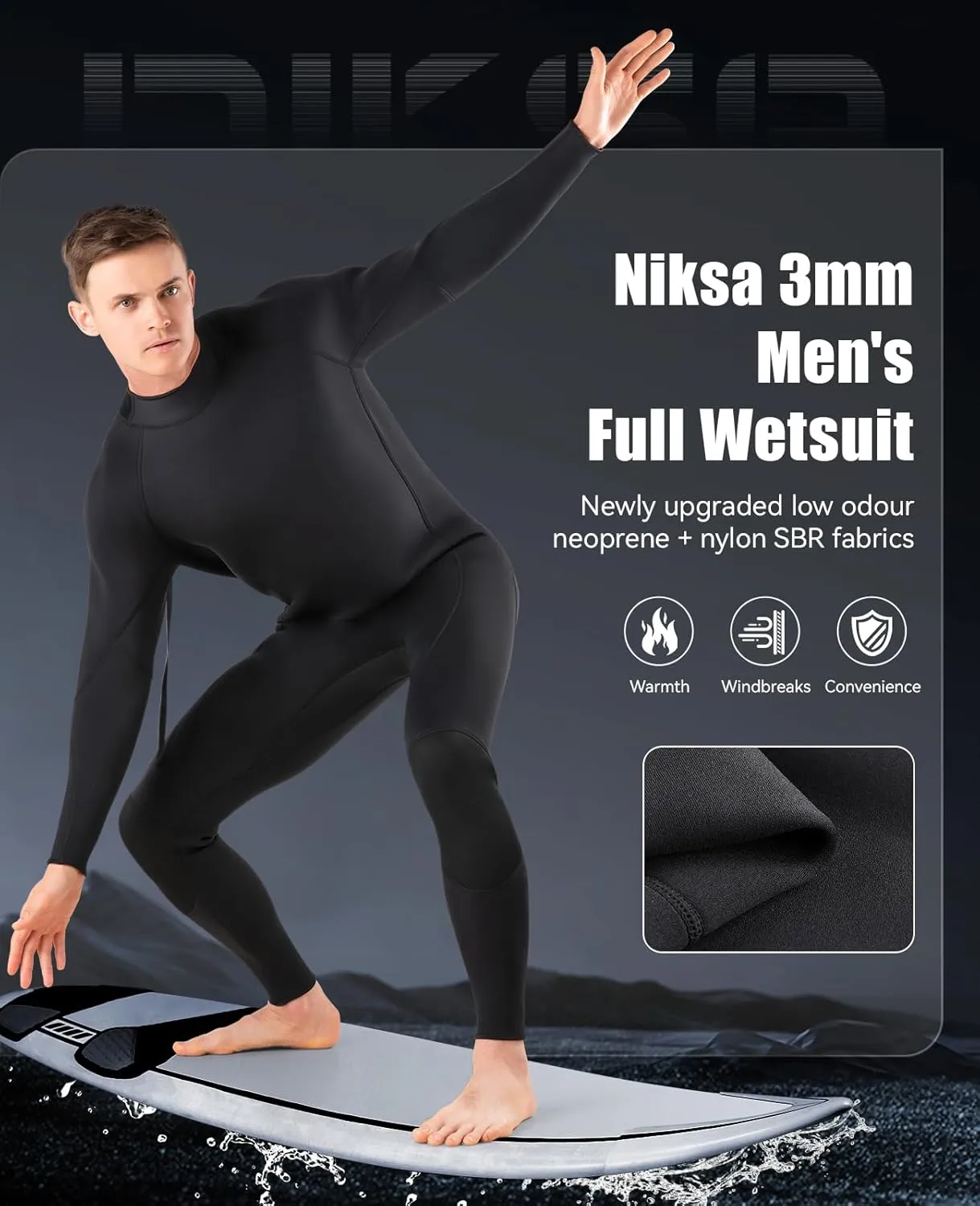 Niksa Men Wetsuit 3/2mm, SBR Neoprene Full Wet Suit YKK Back Zip for Surfing Swimming Diving Water Sports