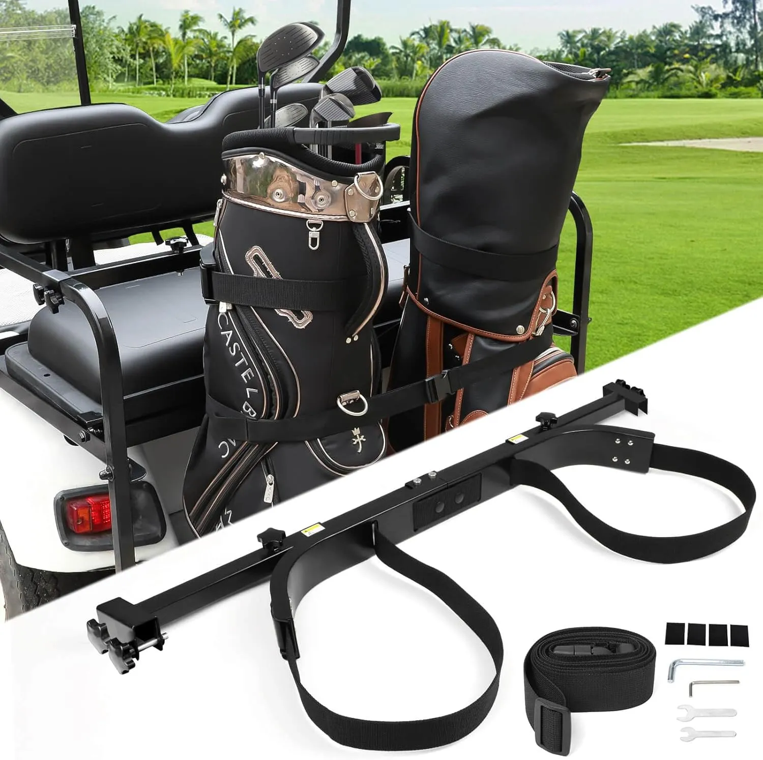 No Drilling Golf Cart Bag Holder Bracket for 2 2 Golf Cart Rear Seat with 1 Inch Square Tube, Universal Golf Bag Attachment Adjustable for EZGO Club Car Yamaha Golf Carts