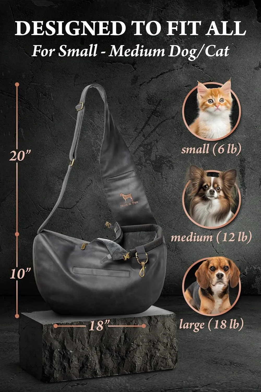 Noah & Paw Dog Sling Carrier for Small Dogs 5-18lb, Dog Sling for Small Dogs and Cats, Dog Carrier with Adjustable Padded Strap, Vegan Leather Lined with Fur, 3X Safety Features, Machine Washable