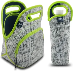 Nordic By Nature Neoprene Lunch Bag For Women, Men & Extra Thick Insulated Neoprene Lunch Tote With Water Bottle Sleeve, Durable Reusable Machine Washable, Gray/Neon