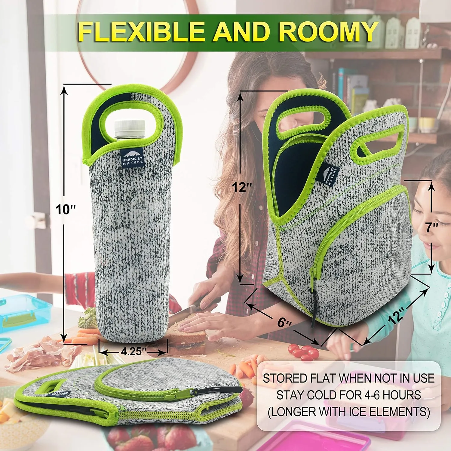 Nordic By Nature Neoprene Lunch Bag For Women, Men & Extra Thick Insulated Neoprene Lunch Tote With Water Bottle Sleeve, Durable Reusable Machine Washable, Gray/Neon