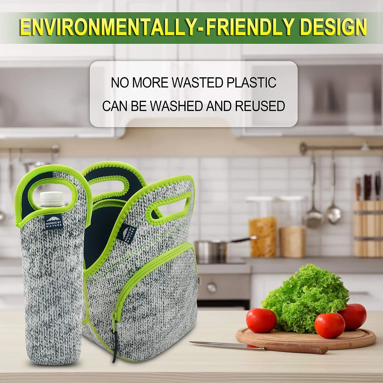 Nordic By Nature Neoprene Lunch Bag For Women, Men & Extra Thick Insulated Neoprene Lunch Tote With Water Bottle Sleeve, Durable Reusable Machine Washable, Gray/Neon