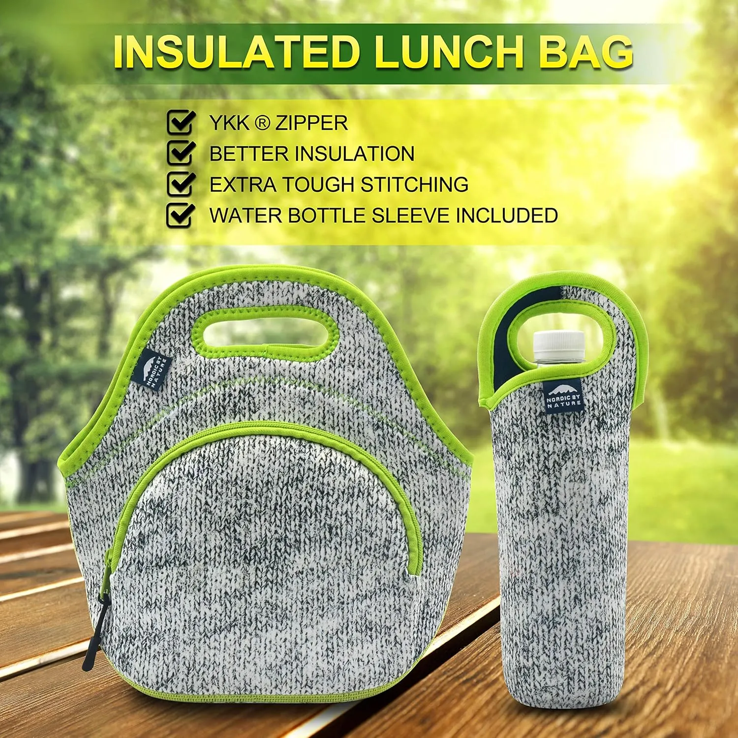 Nordic By Nature Neoprene Lunch Bag For Women, Men & Extra Thick Insulated Neoprene Lunch Tote With Water Bottle Sleeve, Durable Reusable Machine Washable, Gray/Neon