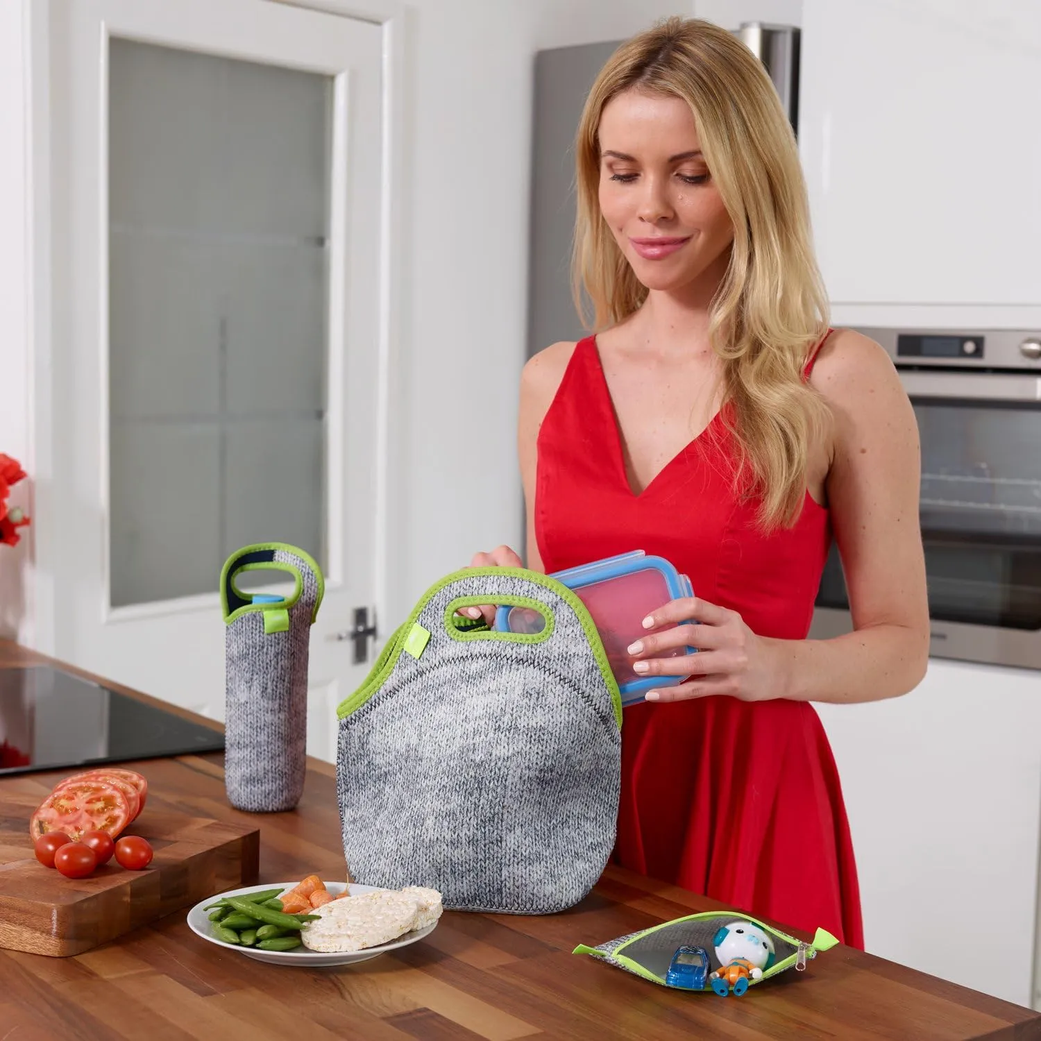 Nordic By Nature Neoprene Lunch Bag For Women, Men & Extra Thick Insulated Neoprene Lunch Tote With Water Bottle Sleeve, Durable Reusable Machine Washable, Gray/Neon