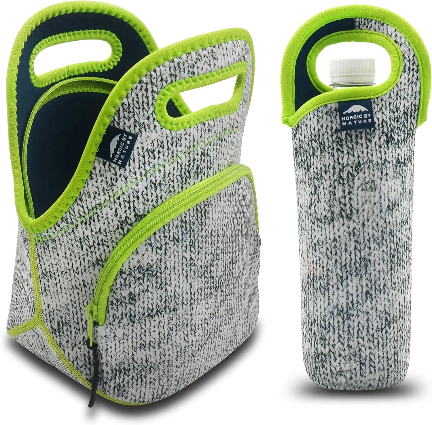 Nordic By Nature Neoprene Lunch Bag For Women, Men & Extra Thick Insulated Neoprene Lunch Tote With Water Bottle Sleeve, Durable Reusable Machine Washable, Gray/Neon