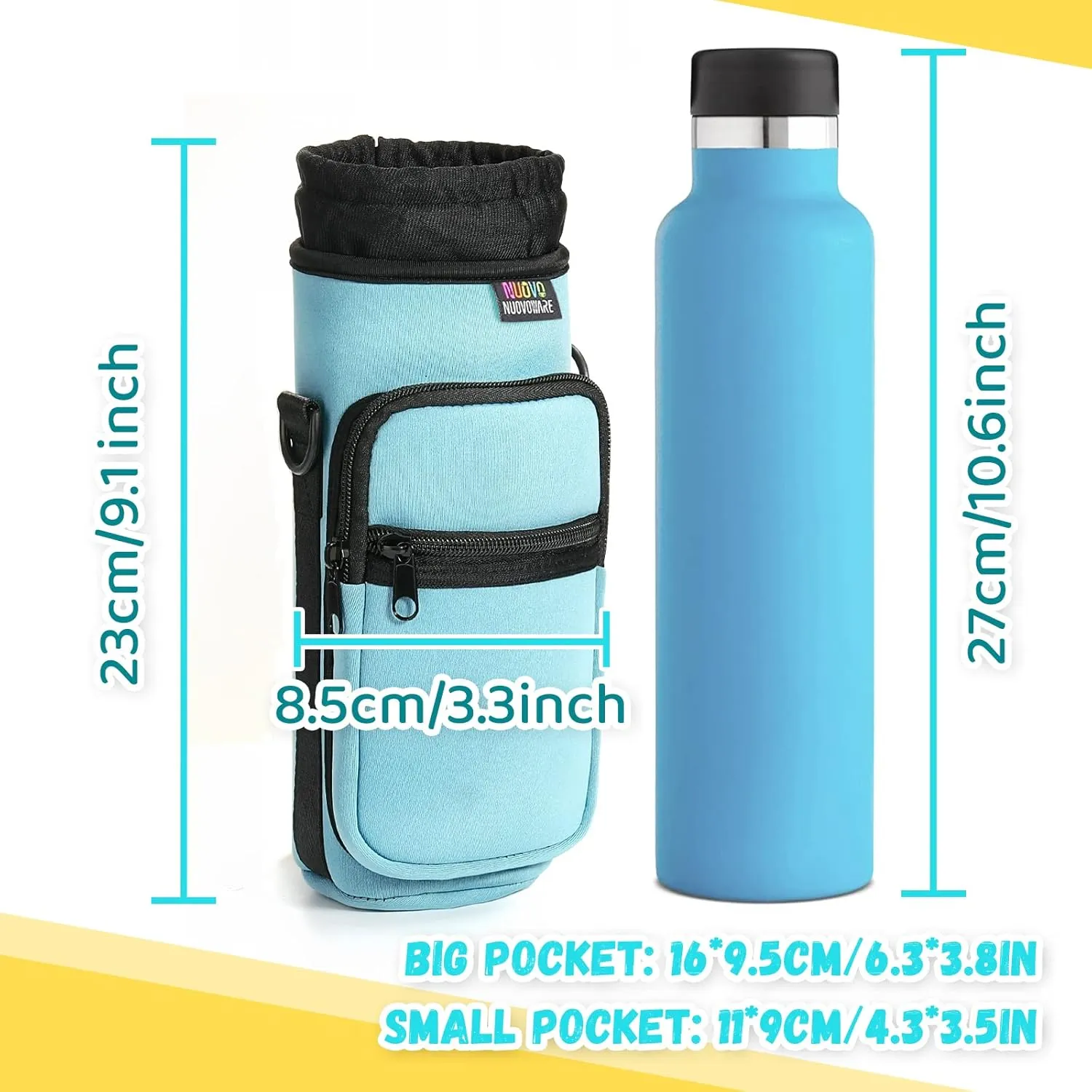 Nuovoware Water Bottle Carrier Bag,25oz/40oz/64oz Bottle Pouch Holder,Adjustable Shoulder Hand Strap 2 Pocket Sling Neoprene Sleeve Sports Accessories for Hiking Travelling Camping