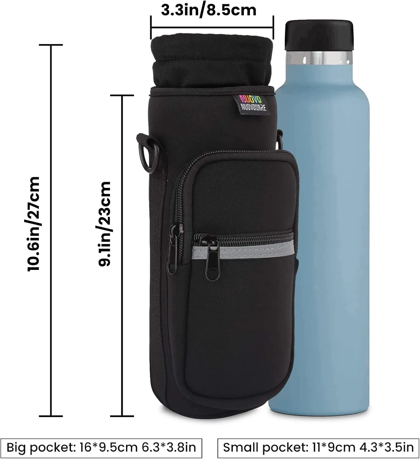Nuovoware Water Bottle Carrier Bag,25oz/40oz/64oz Bottle Pouch Holder,Adjustable Shoulder Hand Strap 2 Pocket Sling Neoprene Sleeve Sports Accessories for Hiking Travelling Camping