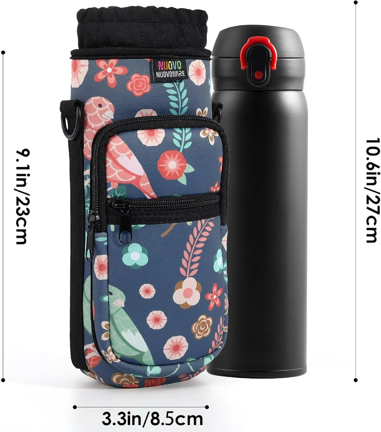 Nuovoware Water Bottle Carrier Bag,25oz/40oz/64oz Bottle Pouch Holder,Adjustable Shoulder Hand Strap 2 Pocket Sling Neoprene Sleeve Sports Accessories for Hiking Travelling Camping